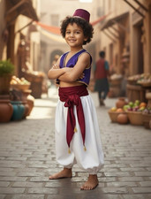 Boys 4 pc Aladdin Costume Outfit Purple Vest, pants, sash and hat Size L 7/8