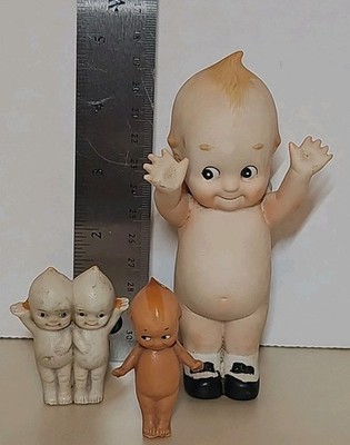 VINTAGE LEFTON BISQUE KEWPIE DOLL KW3841 & TWIN PORCELAIN, ONE  CELLULOID KEWPIE