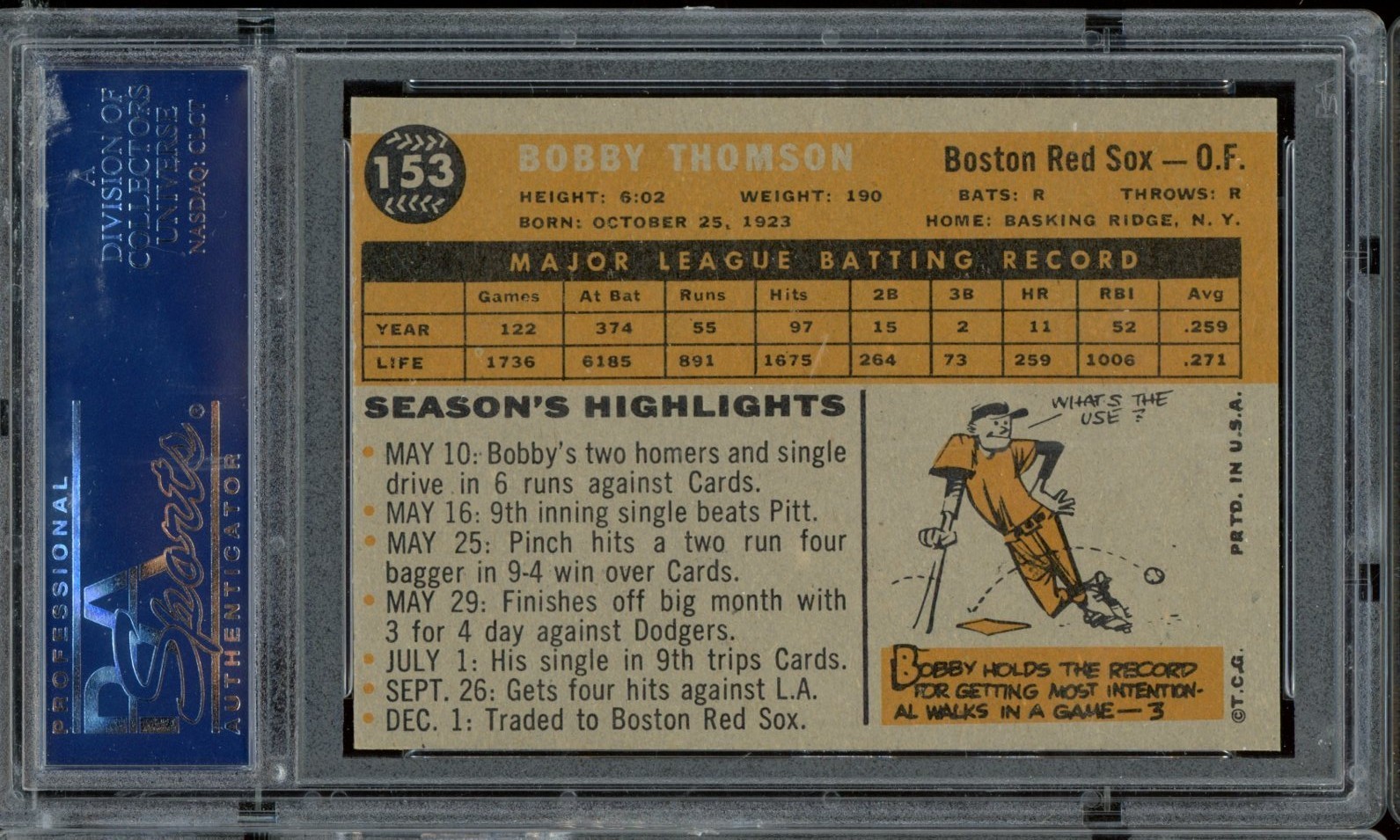 1960 Topps Baseball #153 Bobby Thomson PSA 8 view 2