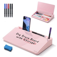 Desktop Glass Whiteboard with Storage, Small Dry Erase White Board Computer P...