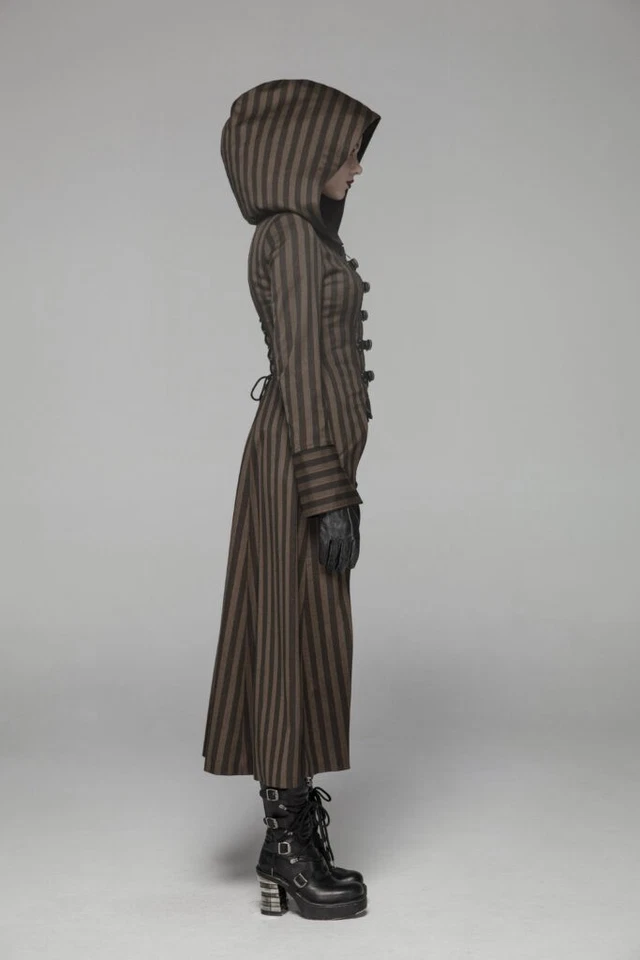 Abrigo largo steampunk de lujo con capucha a rayas Foto 4 de 4