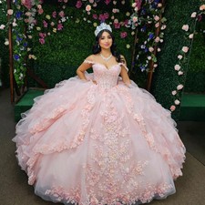 Pink Quinceanera Dress 3D Flower Decal Crystal Full Lace Layered Puffy Ball Gown