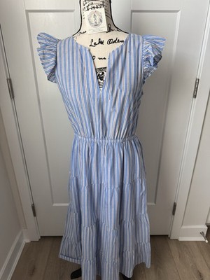 J. Crew Tiered Ruffle-Sleeve Midi Dress Blue Striped Sz 4 Preppy Coastal Resort 