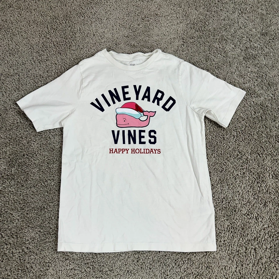Vineyard vines Shirt Boys Small White Pink Happy Holidays Santa Whale Kids - Image 2 of 4