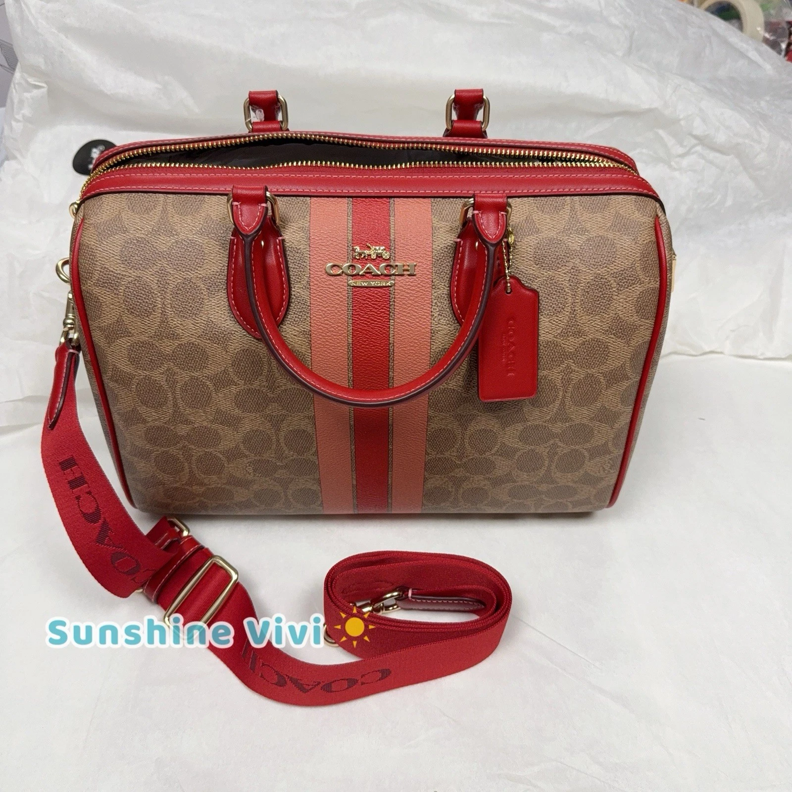 Borsa a tracolla Coach grande Rowan nuova con etichetta firma tela con righe CAL83 marrone multi