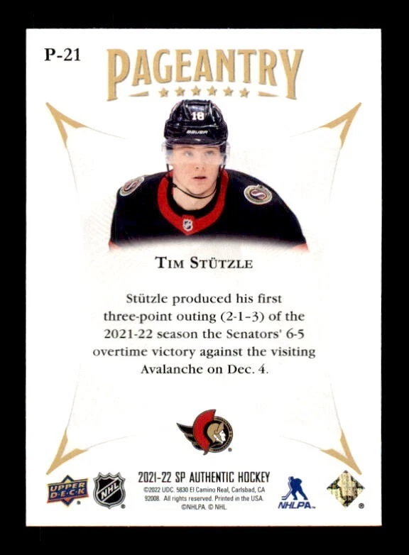 2021-22 SP Authentic Pageantry #P21 Tim Stutzle Senators - Image 2 of 2