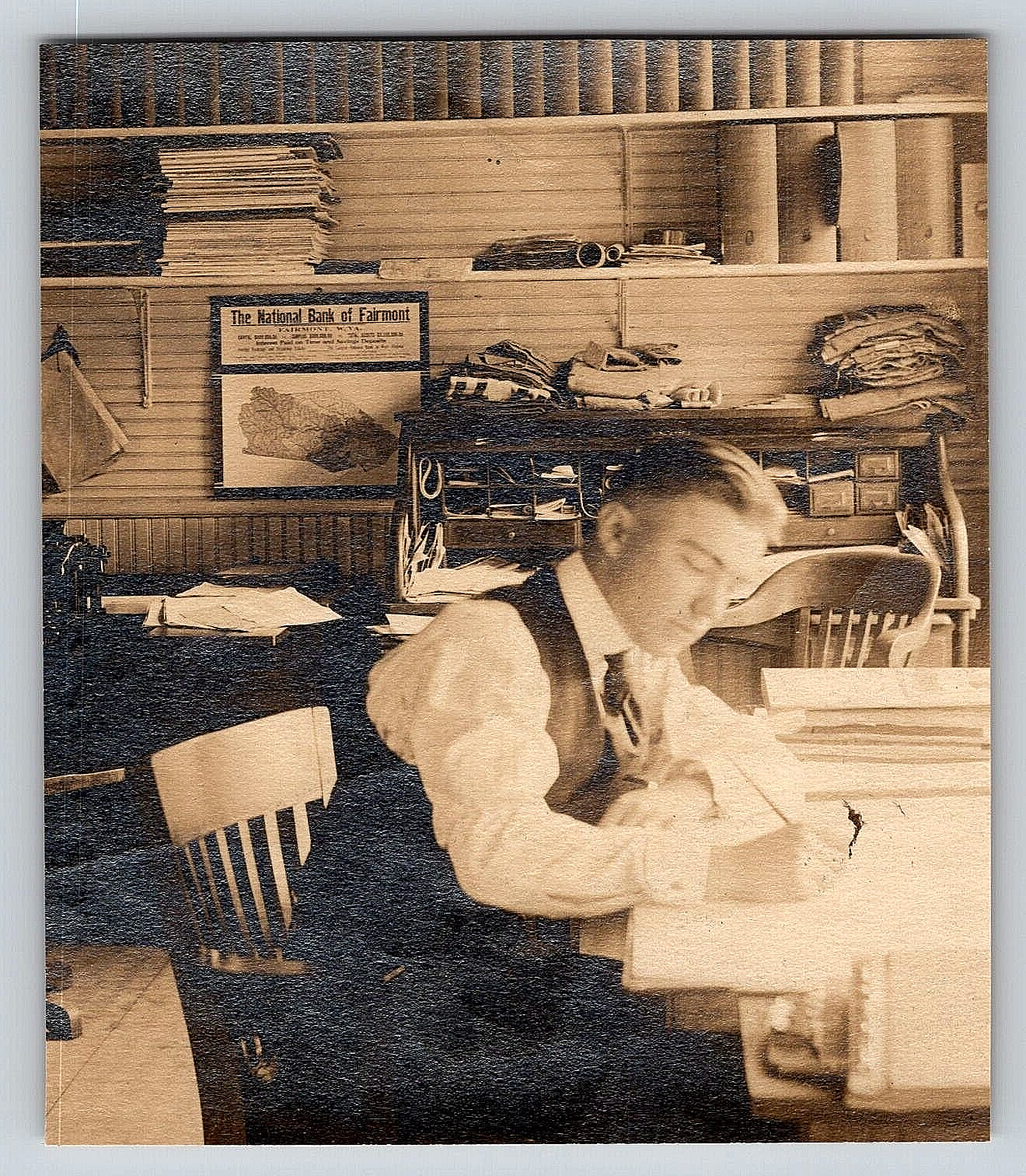 VINTAGE OLD INDOOR REAL PHOTO MAN BANK OFFICE DESK CHAIR BUILDING WEST VIRGINIA