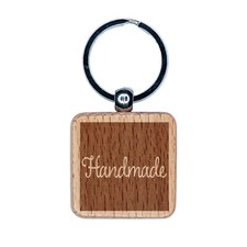 Handmade in Box Engraved Wood Square Keychain Tag Charm