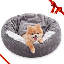 Small Dog Bed with Blanket Attached, Round Calming Hooded Cozy Cave Dog Beds for