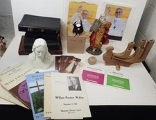 religious box lot bibles bookmarks pictures CDs ephemera figurines candle holder