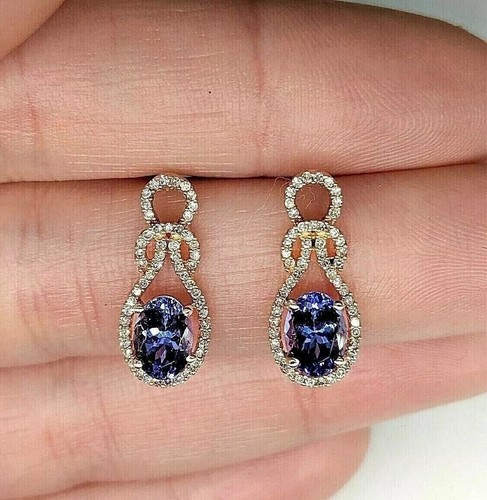 2Ct Oval Cut Simulated Tanzanite Drop/Dangle Earrings In 14K Yellow Gold Plated - Picture 3 of 5