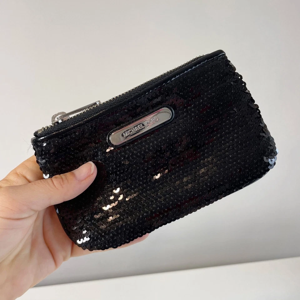 Michael Kors Mujer Lentejuelas Bolso sin asas Monedero Bolso de mano Negro Pequeño Cremallera Forrado Logo Foto 2 de 4