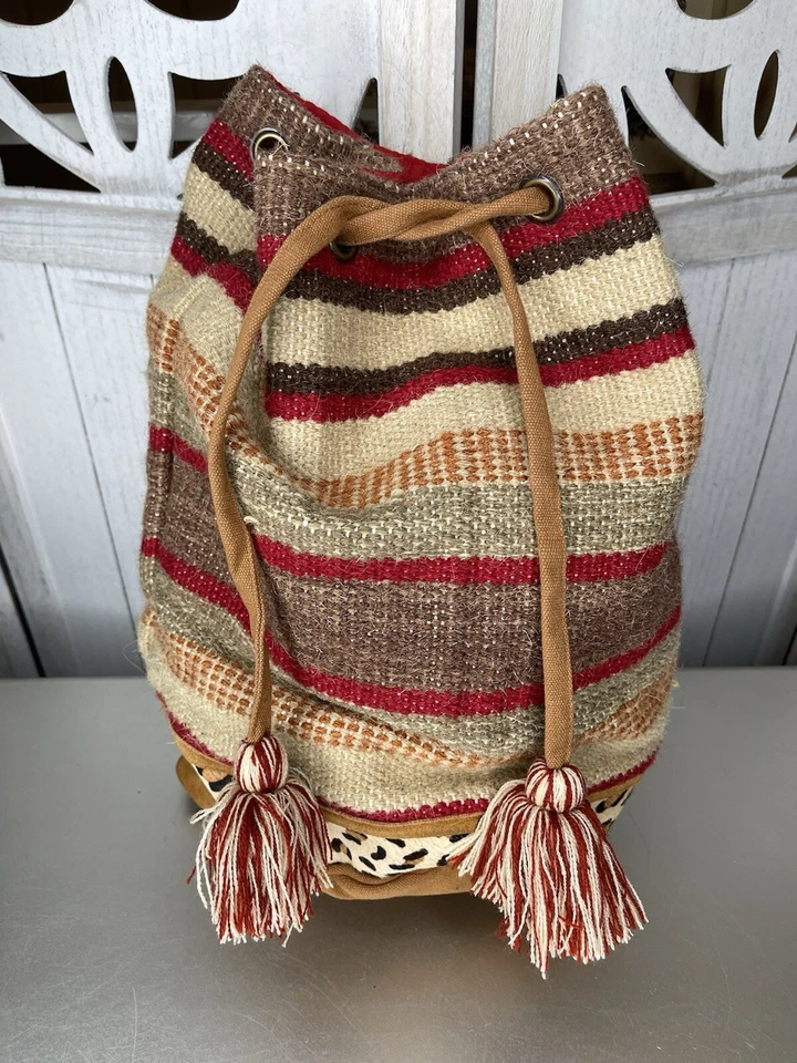 Chloe And Lex Striped Wool & Suede Bucket Backpack Bag Calf Hair