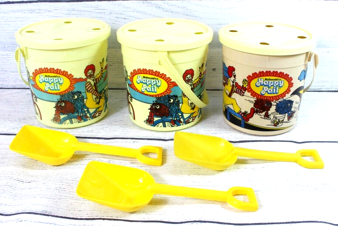 Vintage 3 1984 McDonalds Olympic Happy Meal Pail Bucket Shovel Cycling