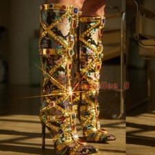 Womens PU Leather Rhinestone Decor Pointed Toe Side Zip Casual Knee High Boots