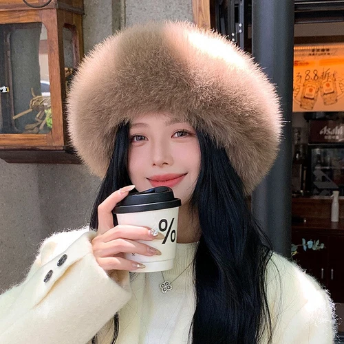 Women's Real Mink Fur Hat Bucket Hat Bowler Hat Warm Cap W Fox Fur Outdoor - Picture 24 of 44