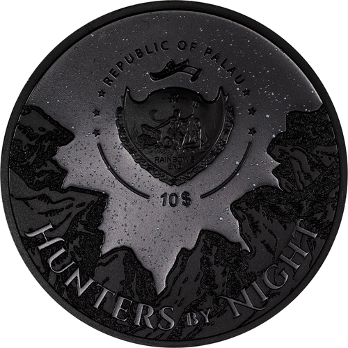 $10 Dollar Hunters By Night Caiman Kaiman Palau 2 oz plata obsidiana negra 2023 - Imagen 2 de 7