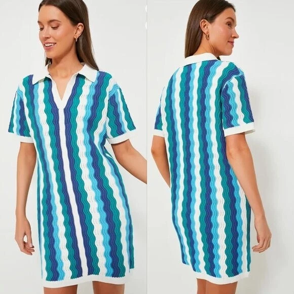 NUEVO Mini Vestido Tejido Costero Azul Blanco Azul Sammie Ondulado Aqua House Talla XL Foto 3 de 4