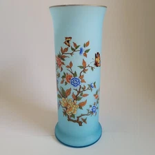 Vase Blue Italy Satin Ardult Floral  Pattern Art Glass Vintage Great Descript!