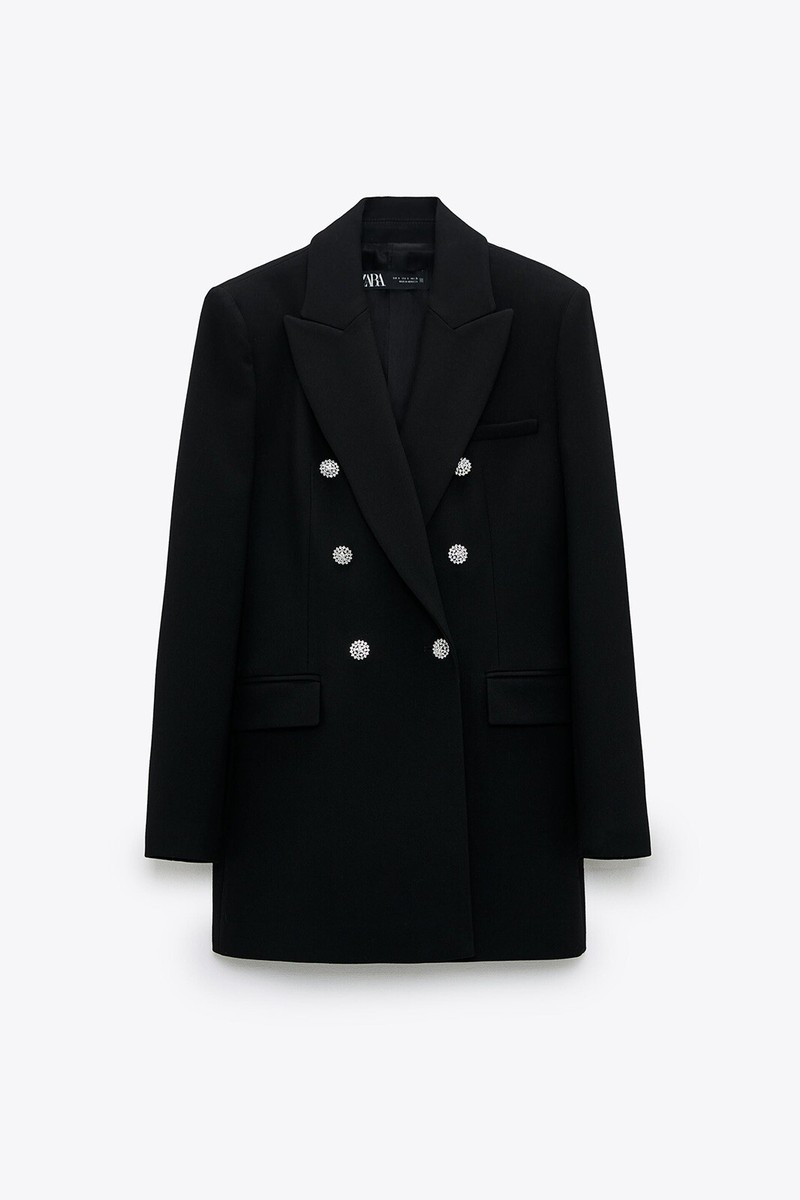 Zara Black Double Breasted Jewel Button Blazer Black 8878