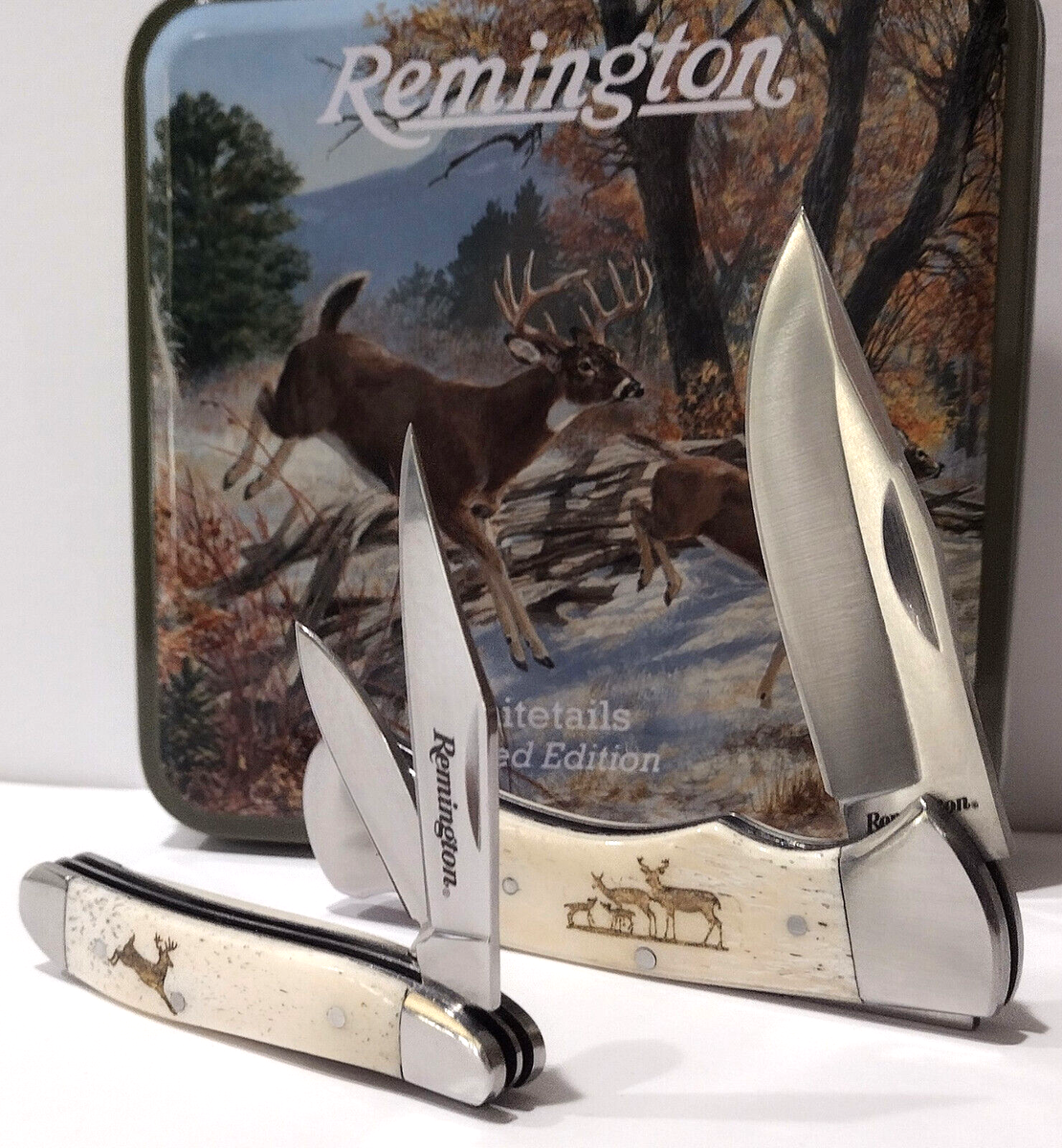 Remington Buck Doe Deer Scene Tin White Bone Peanut Lockback