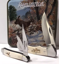 Remington Buck Doe Deer Scene Tin White Bone Peanut Lockback Pocket Knife Set