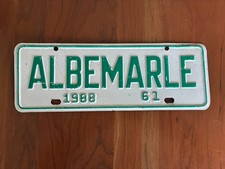 Albemarle 1988 61 License Plate North Carolina