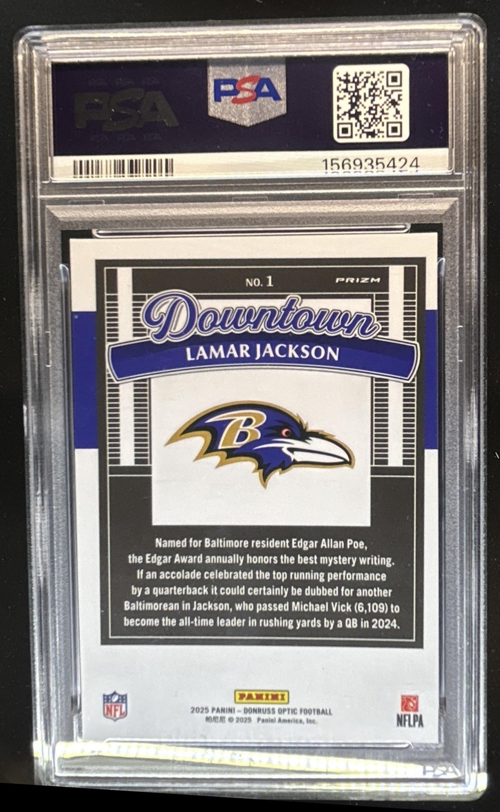 2025 Panini Donruss Optic Lamar Jackson Downtown #1 Ravens PSA 9 view 2