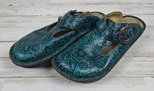 ALEGRIA Mules, Clogs, Slip Ons Greenish/Bluish Leather w/a Floral Pattern