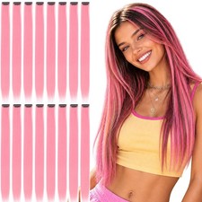 Pink Hair Extensions Clip in, 16 Pcs Colored Hair Highlights for Girls
