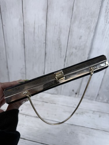 Vintage 80s Black & Gold Chain Strap Fabric Clutch Evening Wear Rectangle Small - Picture 7 of 12