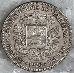 1926 VENEZUELA 5 BOLÍVARES 25 GRAMS .900 Silver Crown Size World Coin