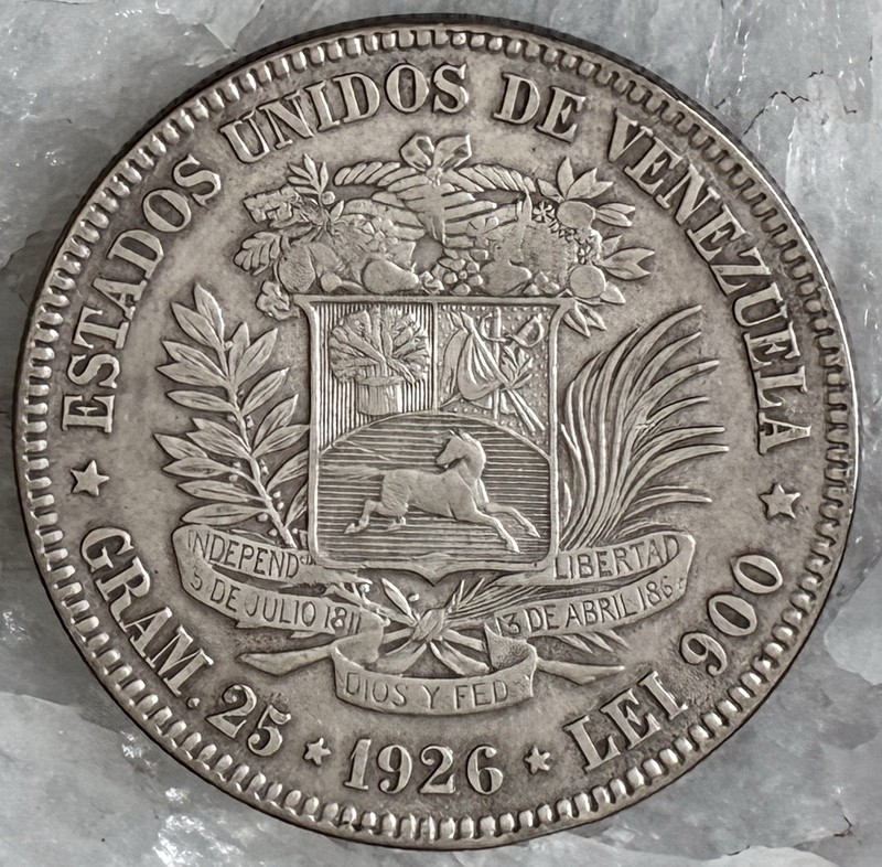 1926 VENEZUELA 5 BOLÍVARES 25 GRAMS .900 Silver Crown Size World Coin