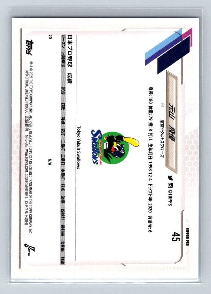 2021 Topps NPB #45 Hiyu Motoyama Rookie Rc Tokyo Yakult Swallows C22 - Image 2 of 2