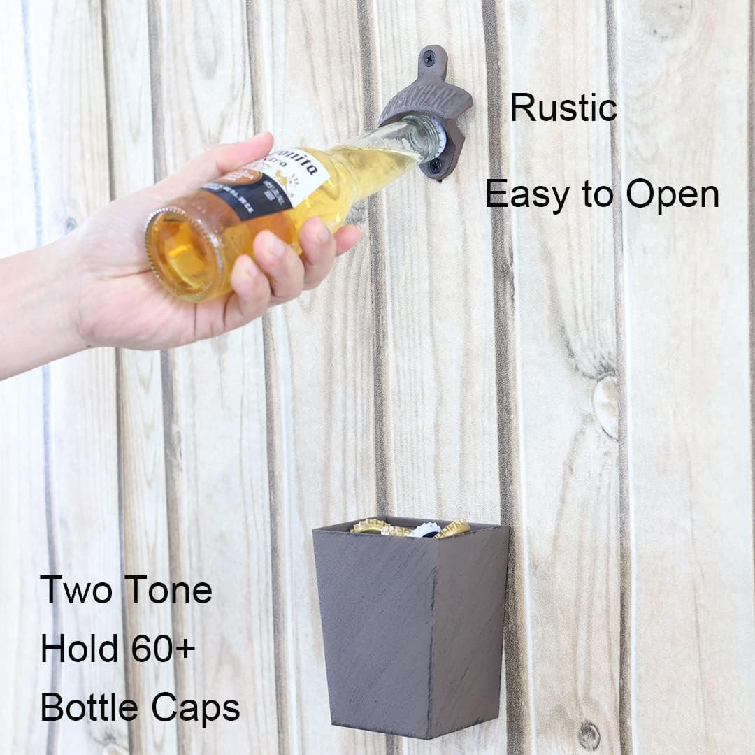 Rustic Cast Iron Beer Bottle Opener Wall Mounted with Cap Catcher Vintage Narrow