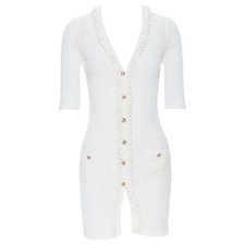 CHANEL 09P white cotton ribbed popcorn ruffle gold CC button long cardigan FR46