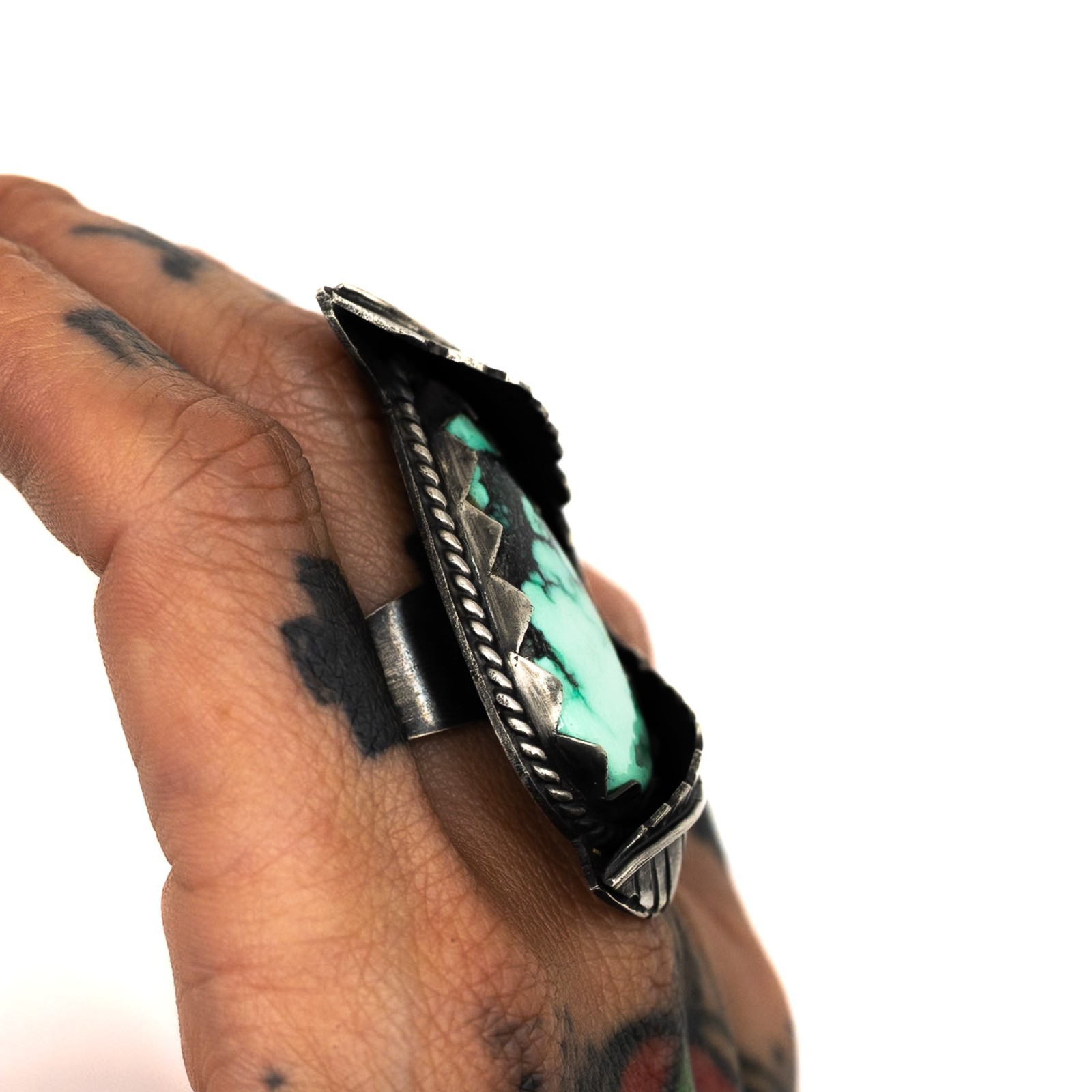 Silver Statement Ring Size 7.5 Green Emerald Rose… - image 7