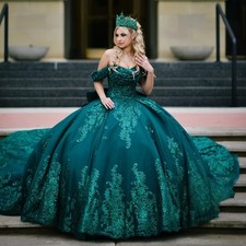 Dark Green Quinceanera Dress Ball Gown Lace Applique Beaded Corset Bow Sweet 16