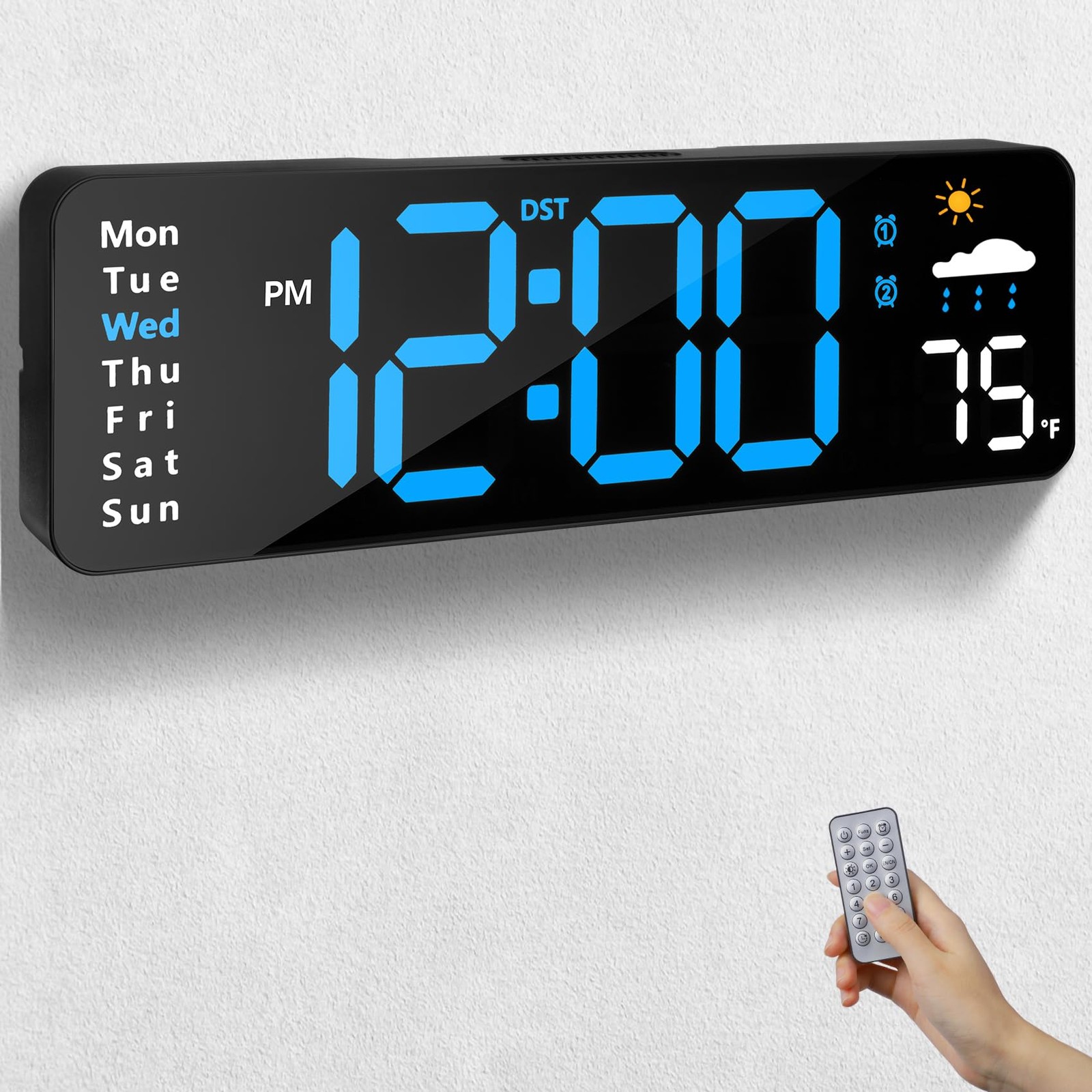 Digital Wall Clock Remote Control Large LED Alarm 12/24Hr Da