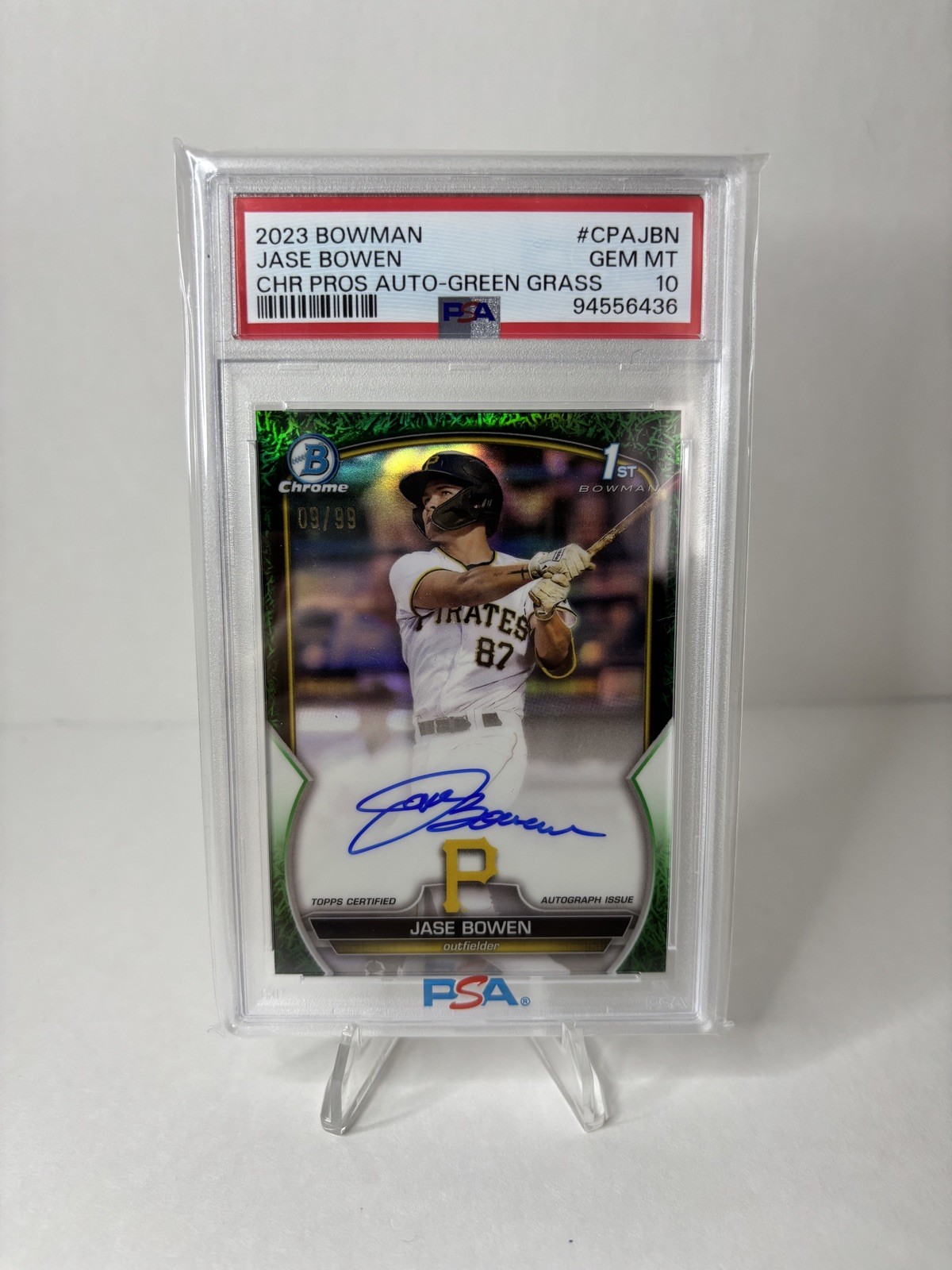Jase Bowen 2023 Bowman #CPA-JBN Chrome Auto Green shimmer Refractors #/99 PSA 10