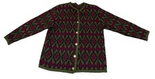 Vintage Green  Magenta Geometric Diamond Knit Cardigan with Eagle Buttons