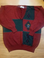 VTG Pringle Golf Junper Mens Medium - Large Red Argyle 90s Crest Logo Lambswool
