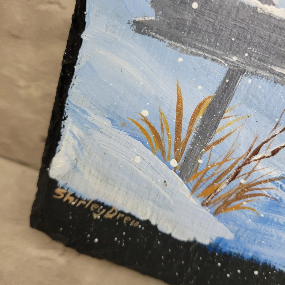 Arte de parede vintage pintada à mão cena de inverno ardósia moinho vermelho decoração de casa - Imagem 2 de 4