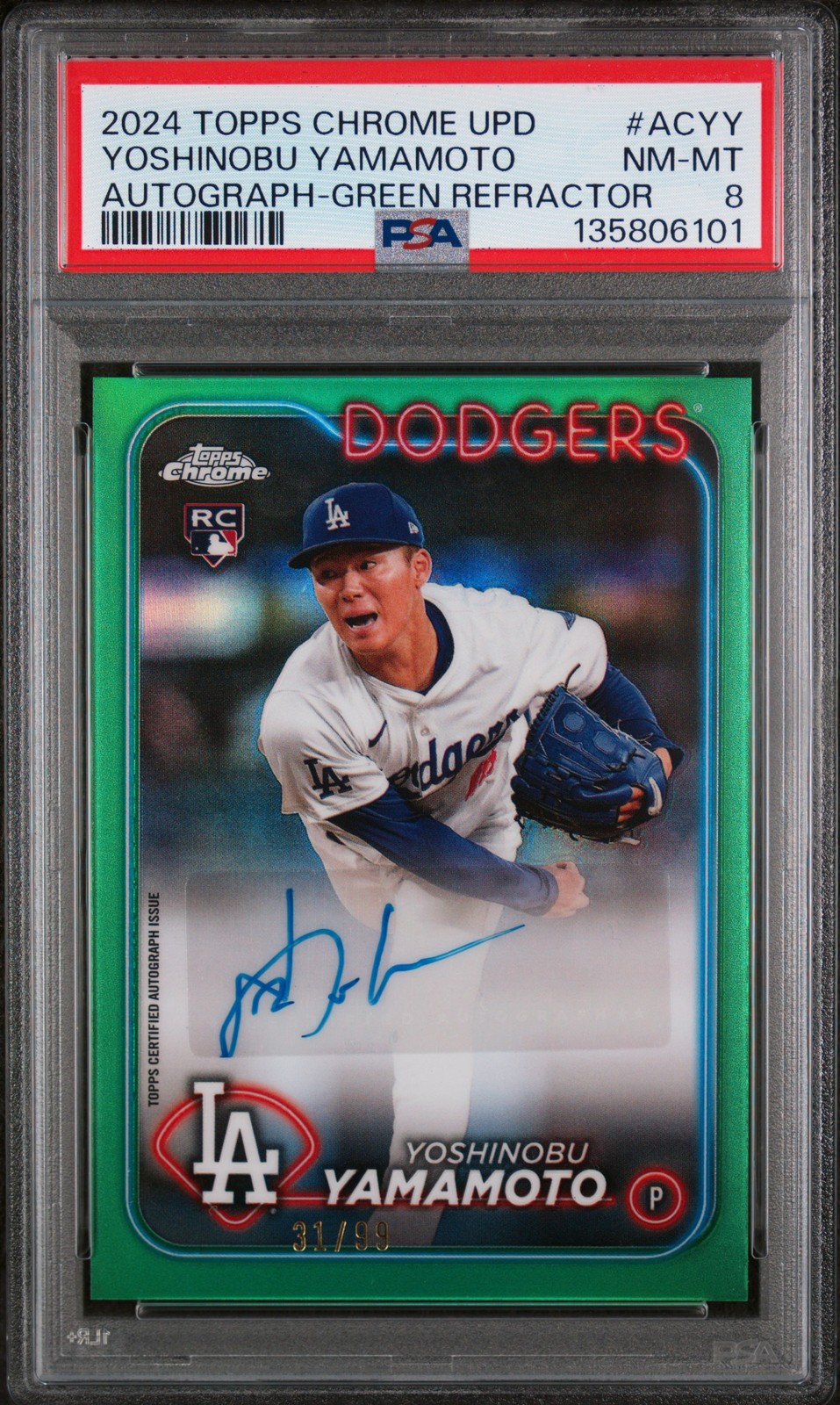 2024 Topps Chrome Update Auto Green Refr Yoshinobu Yamamoto #ACYY /99 PSA 8
