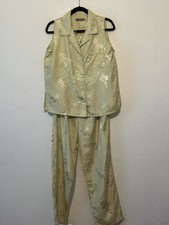 VTG Valerie Steven PJ Set Green Silky Satin Jaquard Print Top/Pant Lounge M