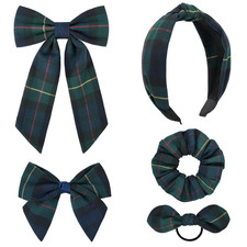 5 Styles Uniform Plaid Long Tail Hair Bows Knotted Headband Scrunchies Bow Set A