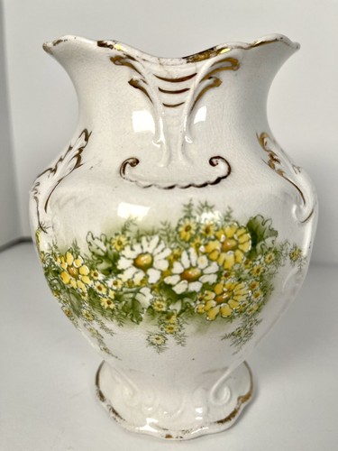 Victorian Toothbrush Holder/Vase with Daisies & Gold Trim 1900's 6" Tall