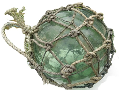 Asian GLASS Fishing Float XL 14" Green Dbl-Net As Found: Grubby Vntg 25R USA BZ - Picture 5 of 11