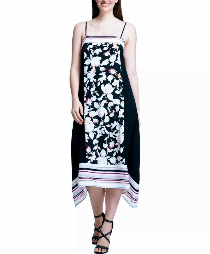Dkny Womens Black Printed Spaghetti Strap Square Neck Midi Shift Dress Size: 2