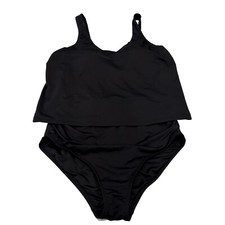 Lands End Swimsuit Chlorine Resistant V Neck Black 1 Piece Fauxkini Medium 10-12